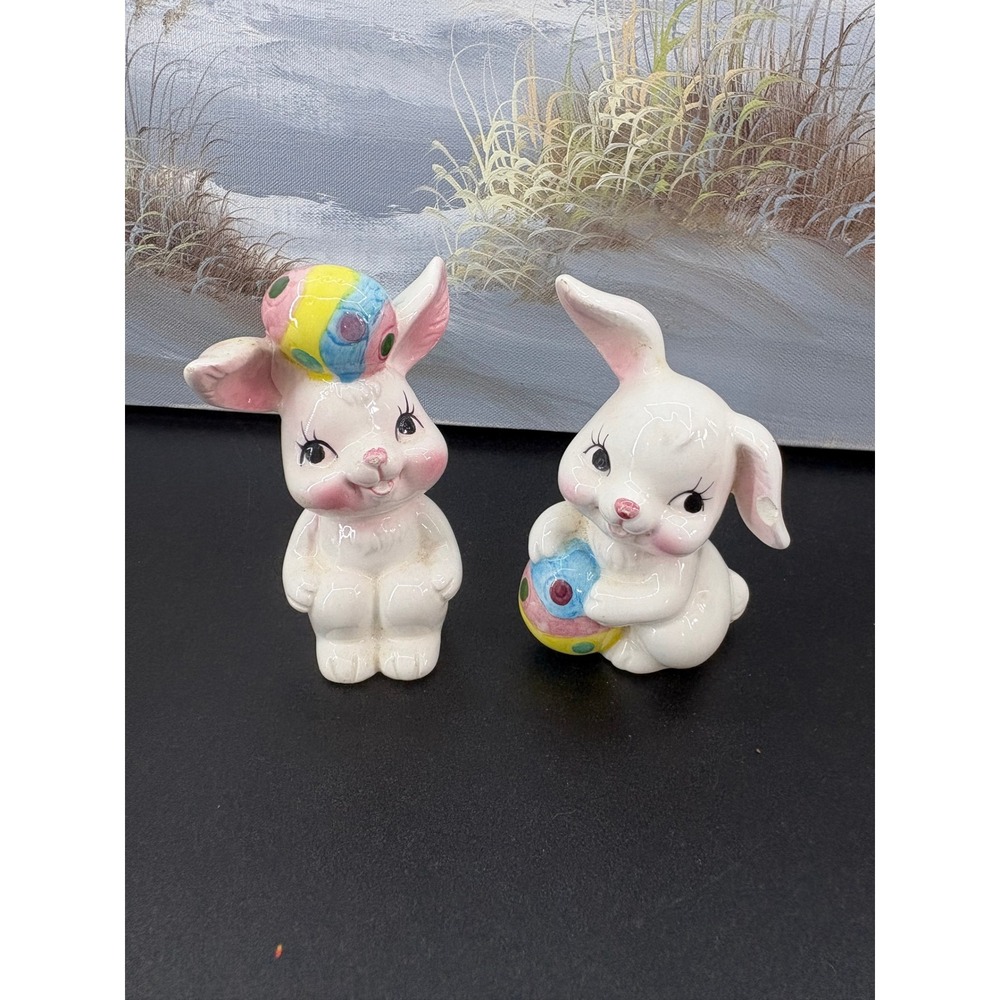 Vintage Frankel Ceramic Easter Bunny Figurines Set of 2 White Rabbit Taiwan 4"